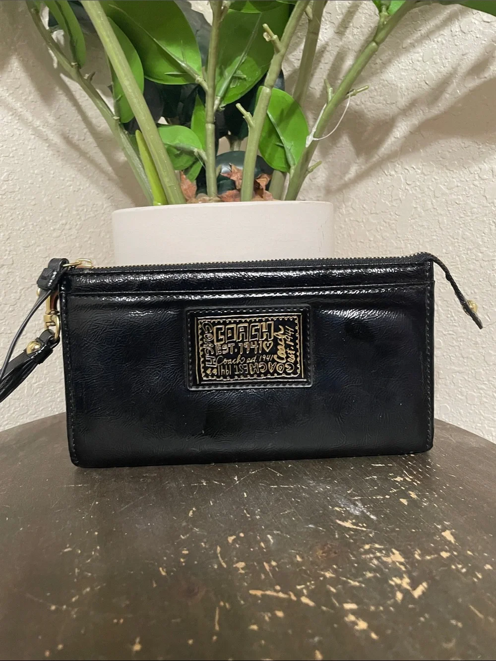 Coach Poppy Black Patent Leather Wristlet Wallet with Gold Plaque